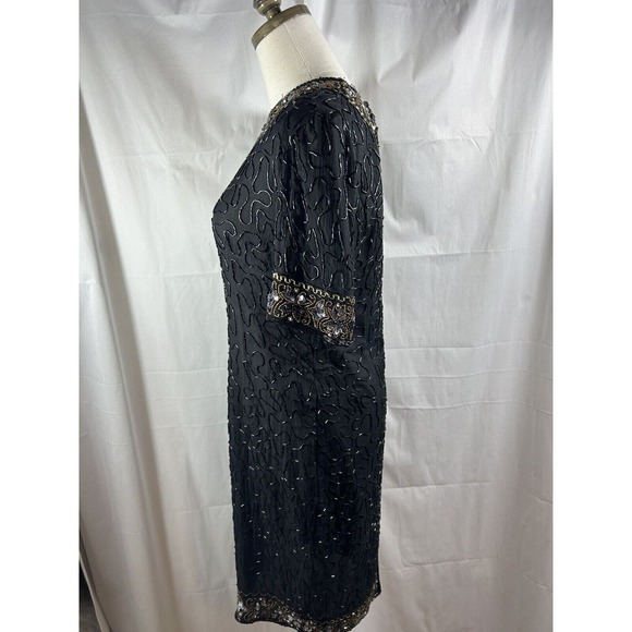 Stenay Black knee sheath dress gown gold bead pearl sequin size P6 VTG - Picture 7 of 11